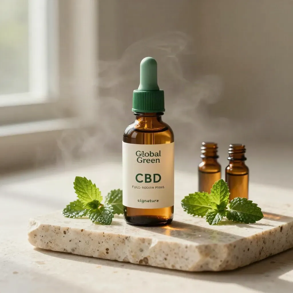 Unbranded CBD oil bottle with mint dropper, amber vials, and fresh mint on travertine in mist.
