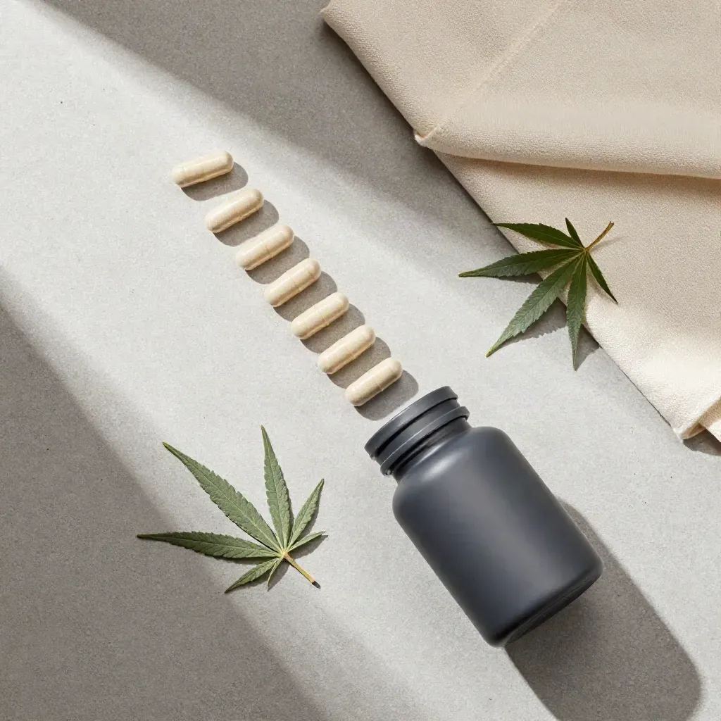 Overhead flat lay of a capsule bottle, capsules, hemp leaves, and folded cloth on pale concrete.