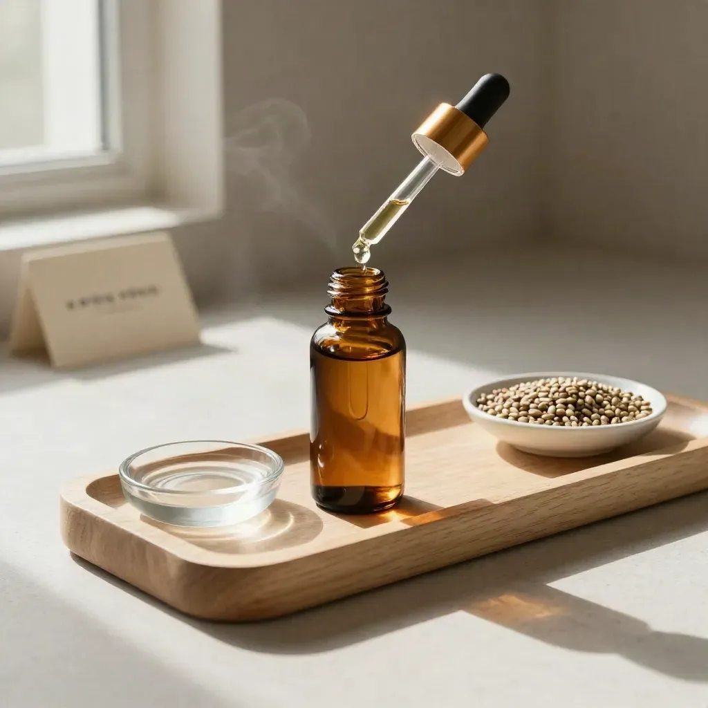 Amber tincture bottle with pipette above hemp seeds on pale wood, soft misty light