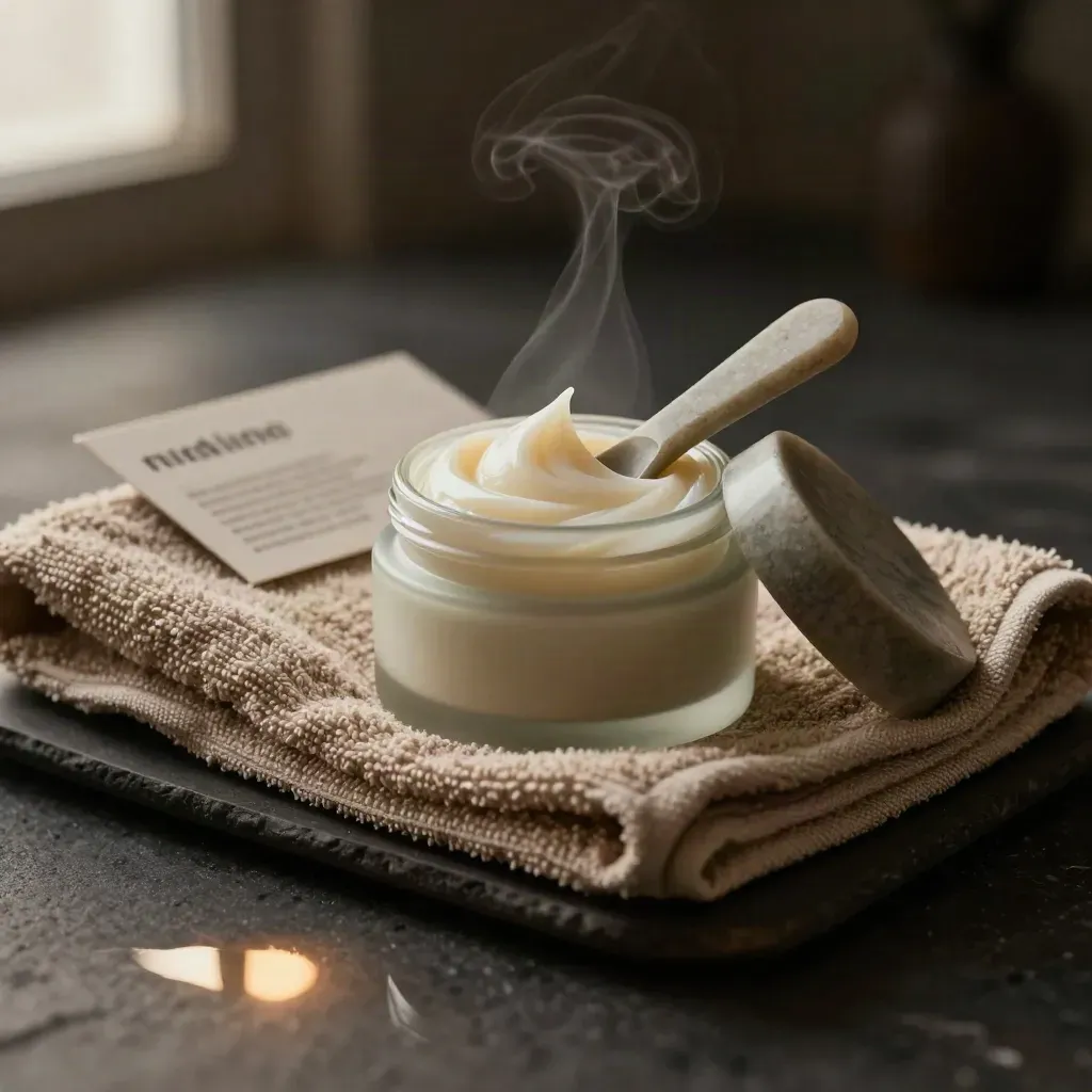 Open balm jar with creamy crescent, stone spoon, towel and steam on a dark ceramic slab.