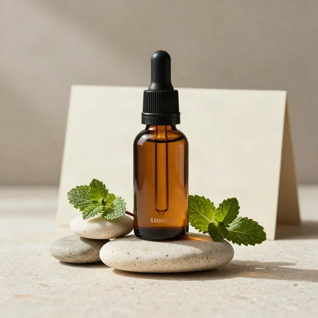 CBD oil bottle with amber dropper, mint sprig, and river stones on travertine.