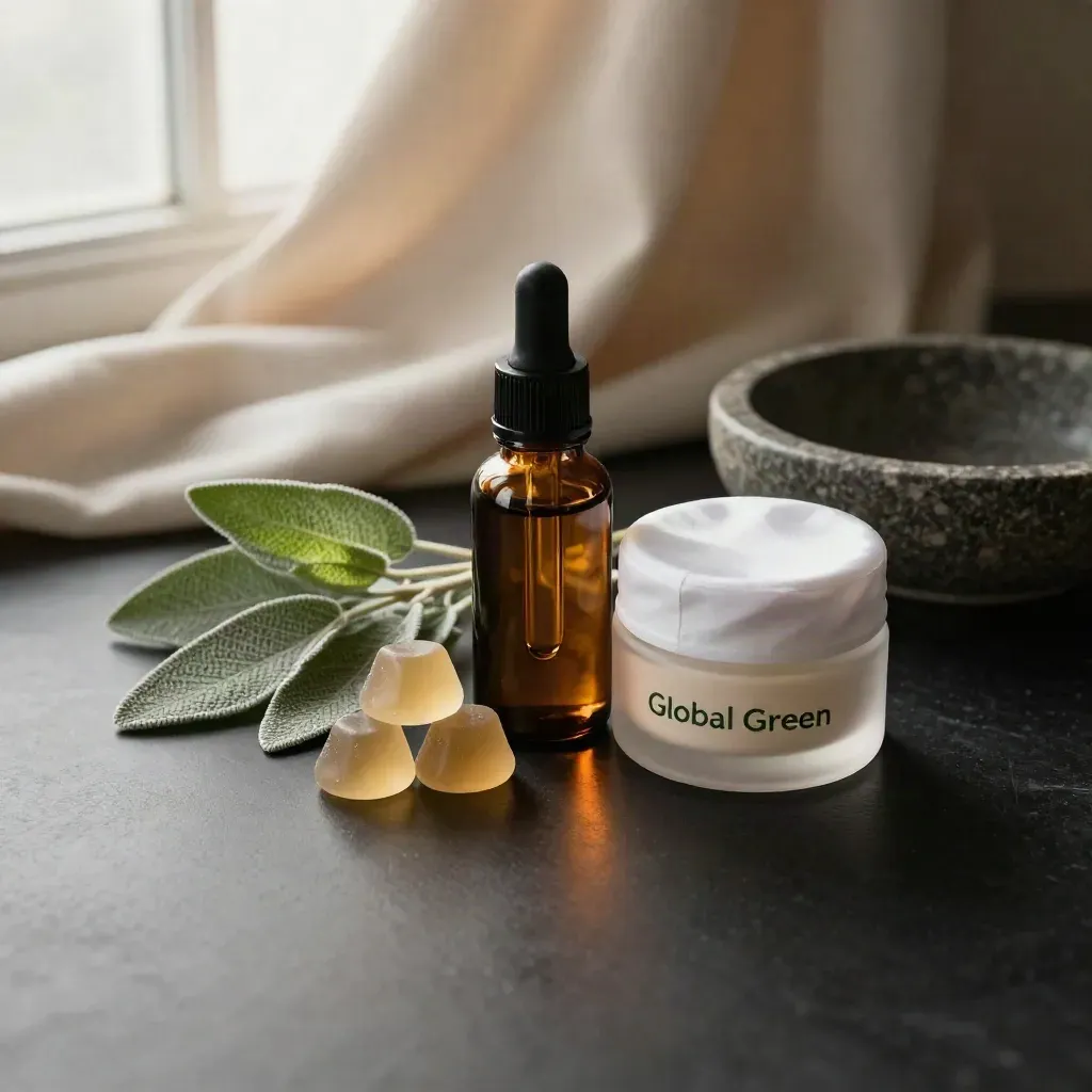 CBD oil, gummies and topical balm with herb, stone bowl and silk on a dark studio surface.