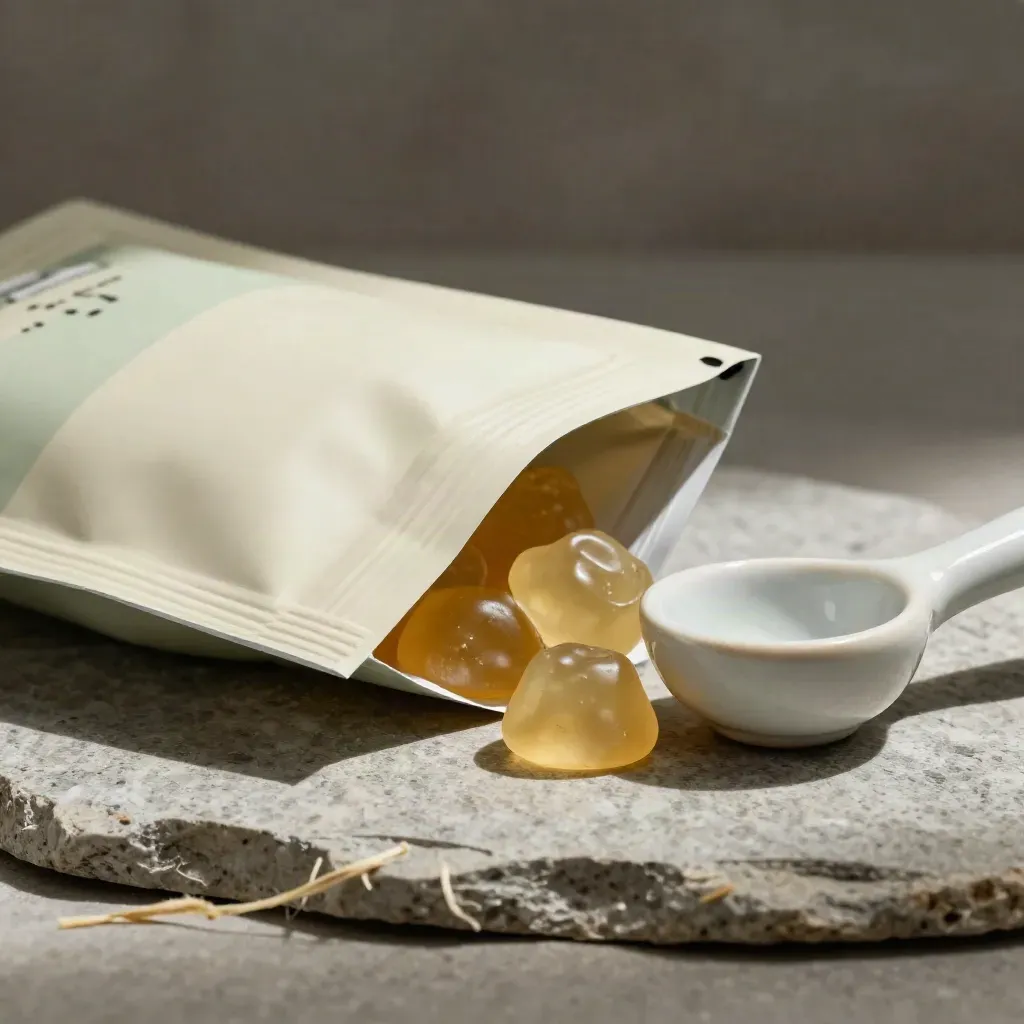 Half-open CBD gummy pouch with glossy gummies, ceramic scoop and hemp fiber on stone.