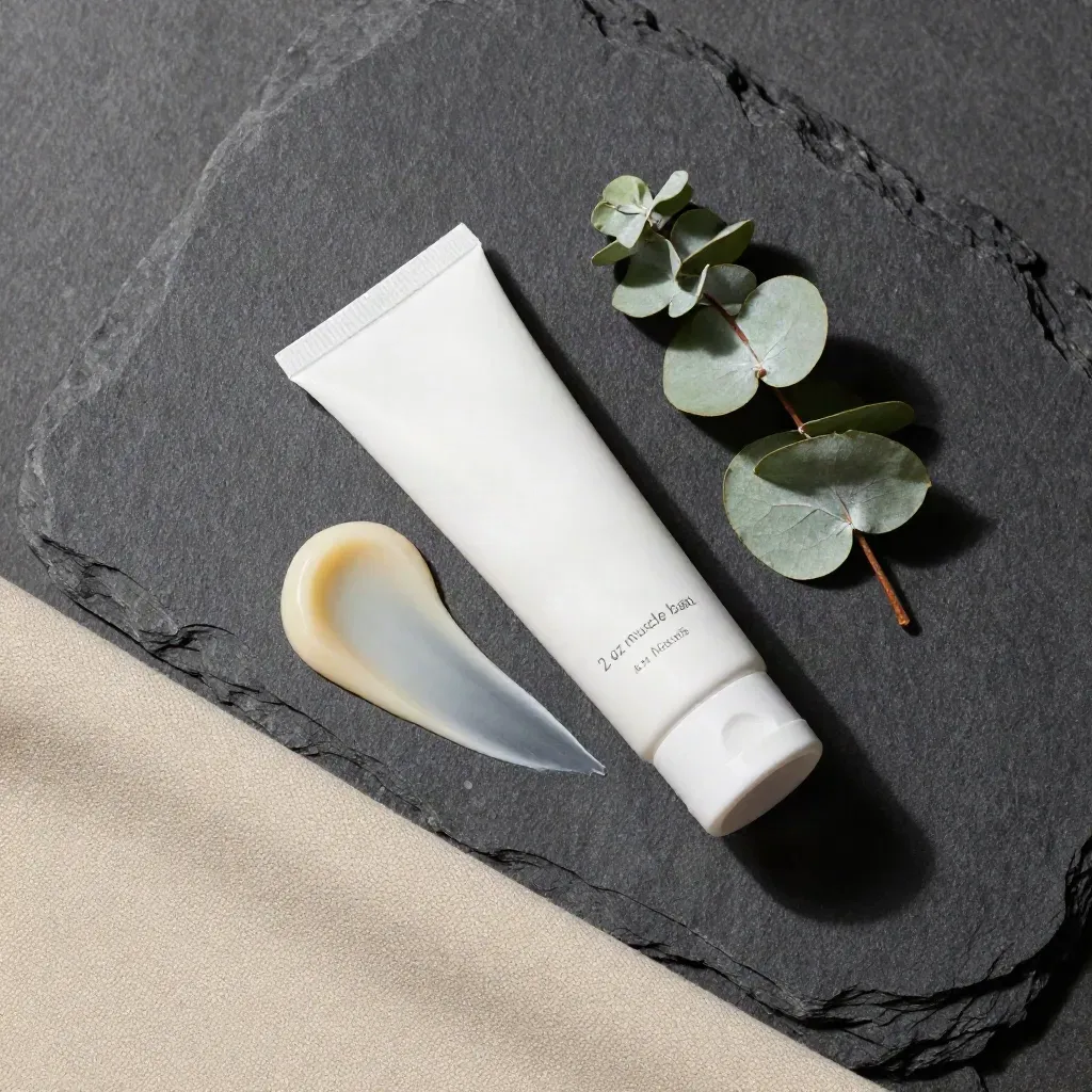 Overhead balm tube, eucalyptus leaf, balm smear and cloth on charcoal stone