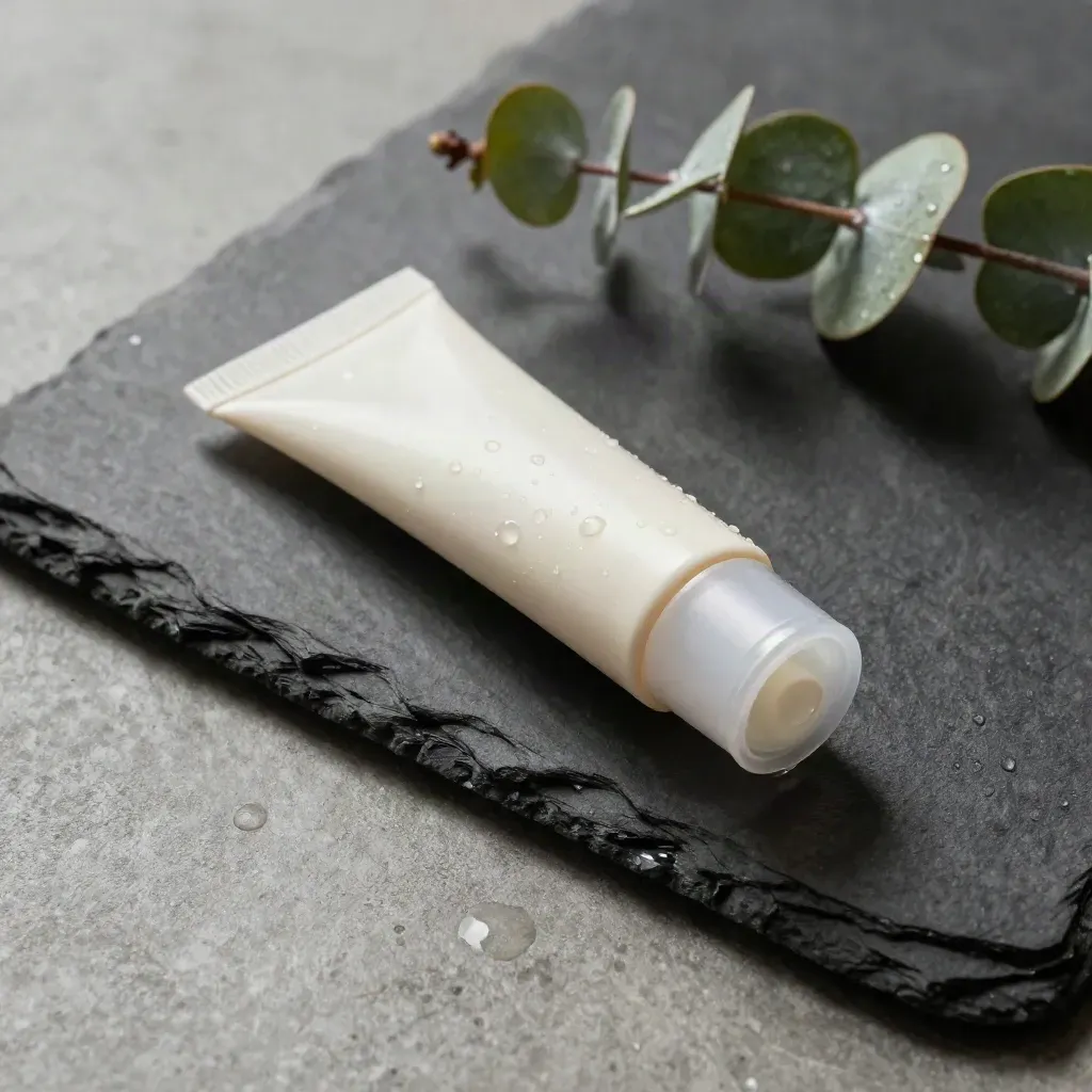 Macro roll-on gel tube with dewy cap beside slate and eucalyptus, misty condensation